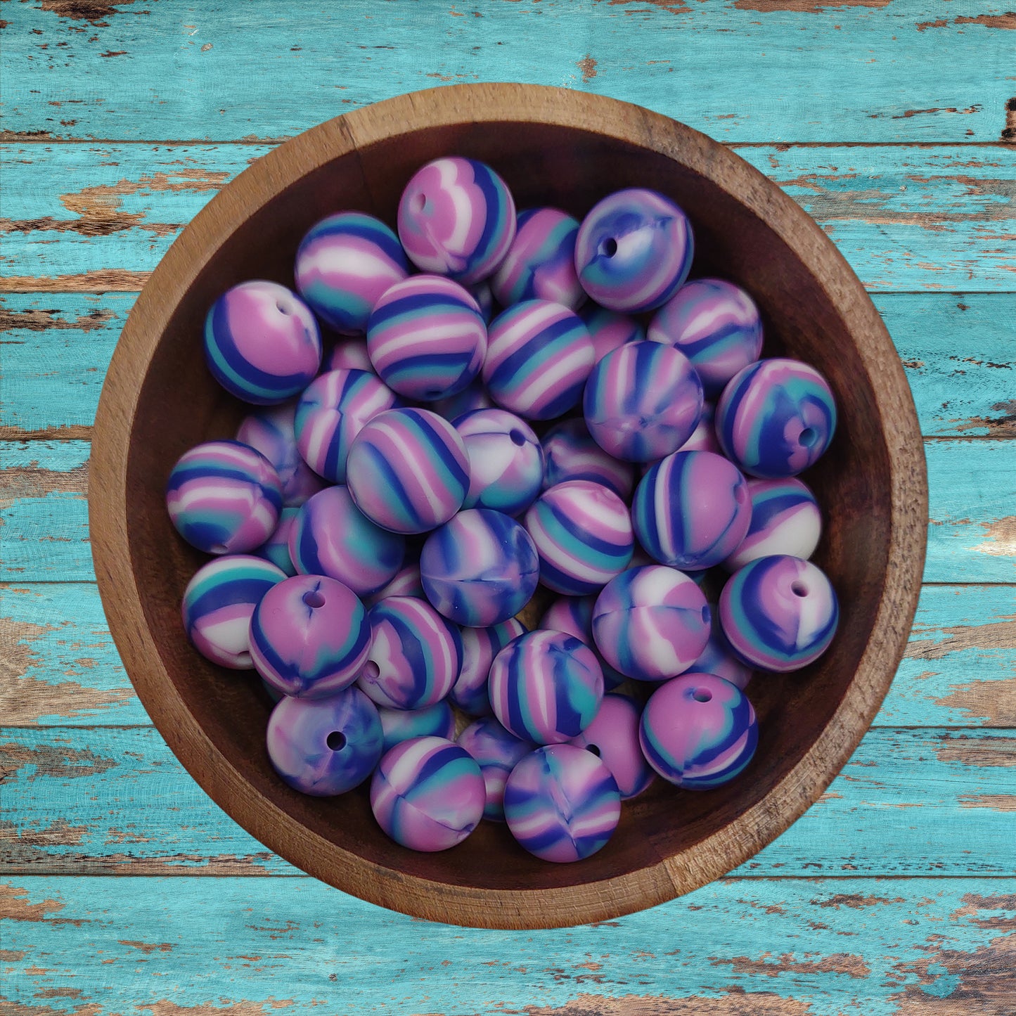 Blue & Purple Swirl Round Silicone Beads | 15mm