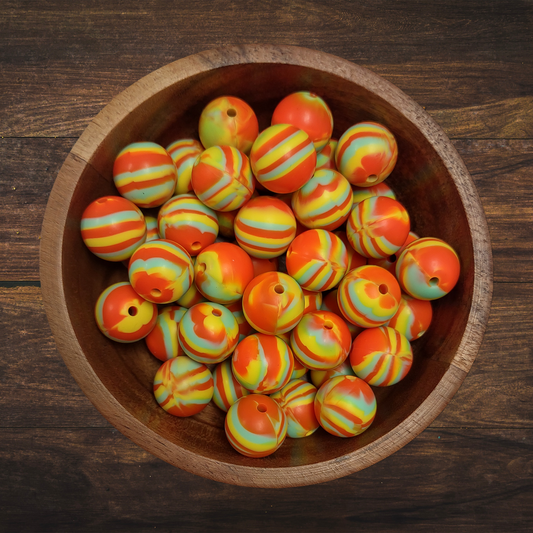 Orange & Yellow Swirl Round Silicone Beads | 15mm