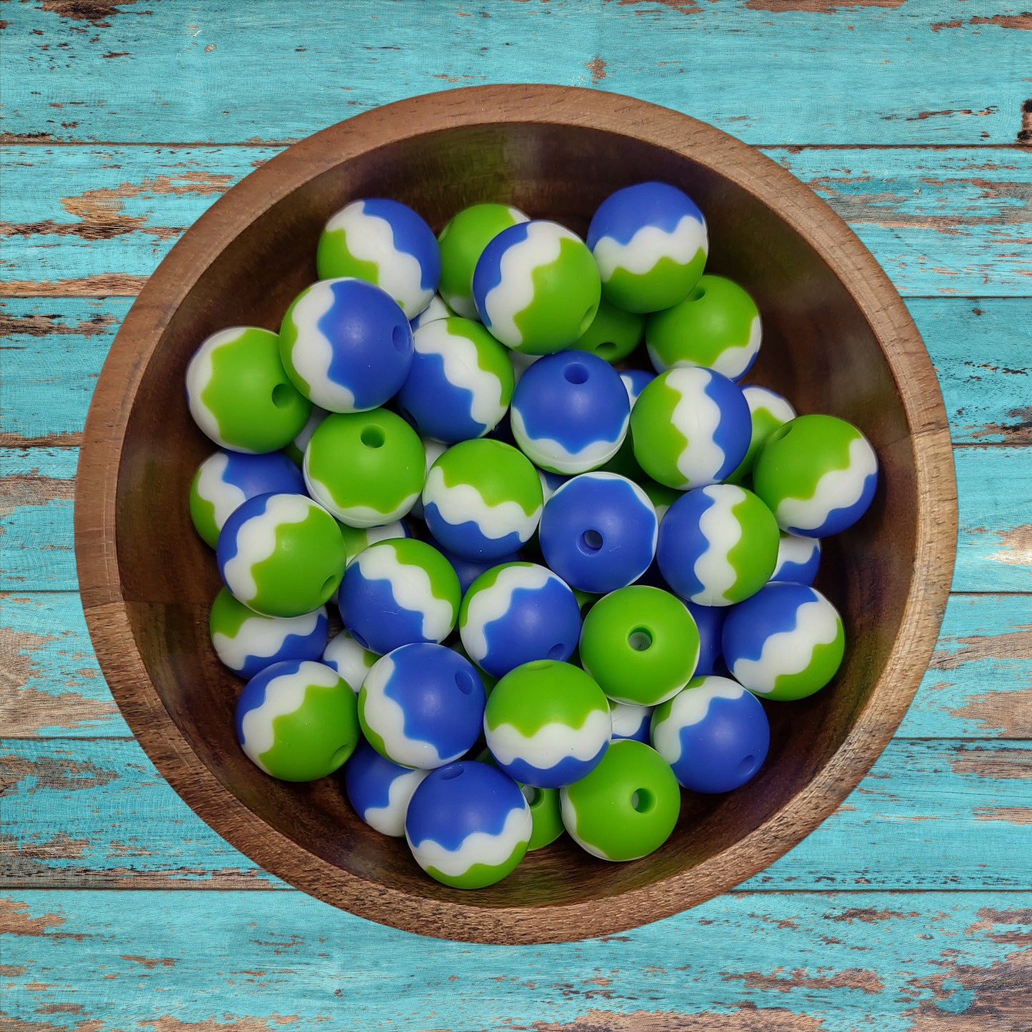 Green & Blue Chevron Round Silicone Beads | 15mm