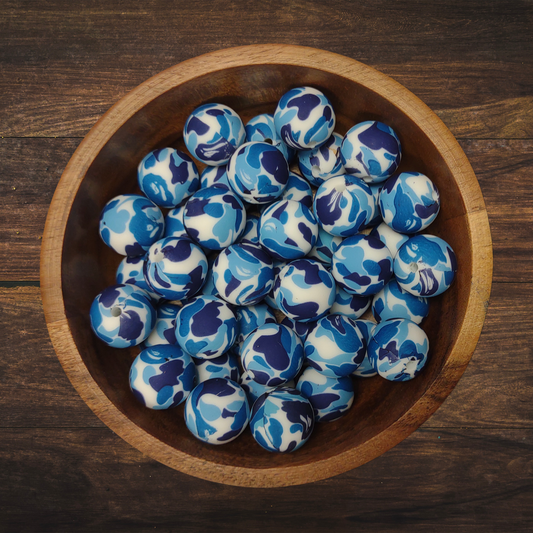 Blue Camo Round Silicone Beads | 15mm