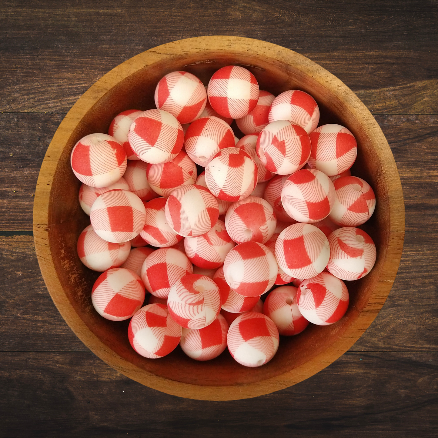 Red Plaid Round Silicone Beads | 15mm