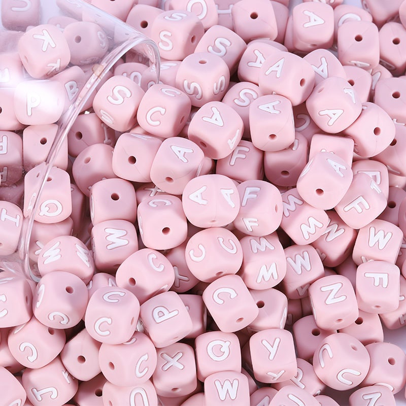 12 mm Quartz Pink - A-Z Silicone Alphabet Cube Beads – Tesla Baby