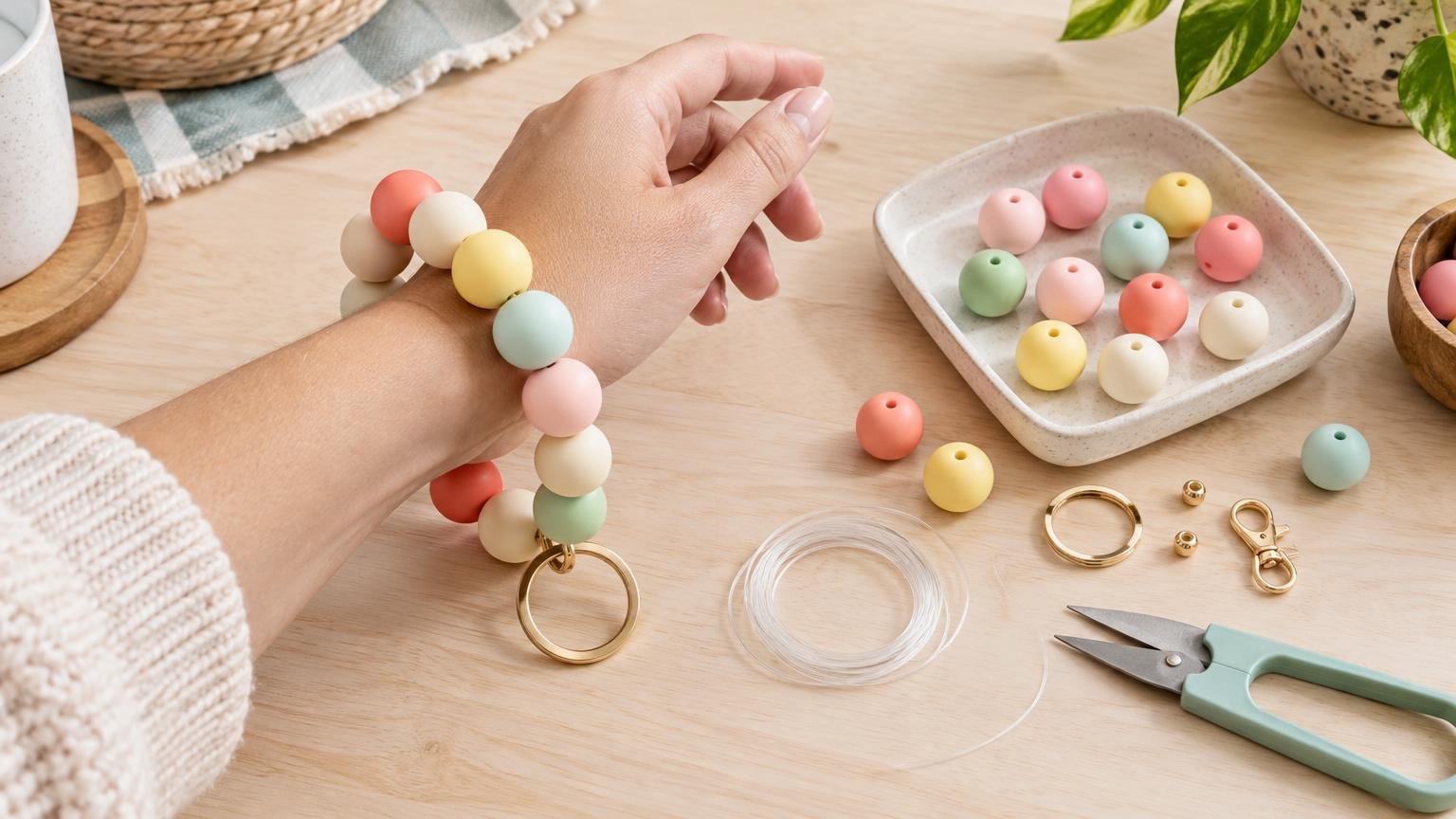 A hand wears a pastel silicone-bead key wristlet with a gold key ring on a light wood craft table beside loose beads, clear cord, gold findings, and small scissors.