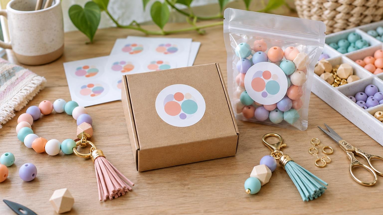 Craft table with pastel beads, finished beaded keychains, a plain kraft box and clear bead pouch bearing matching round abstract circle stickers, trays of beads, findings, and scissors.