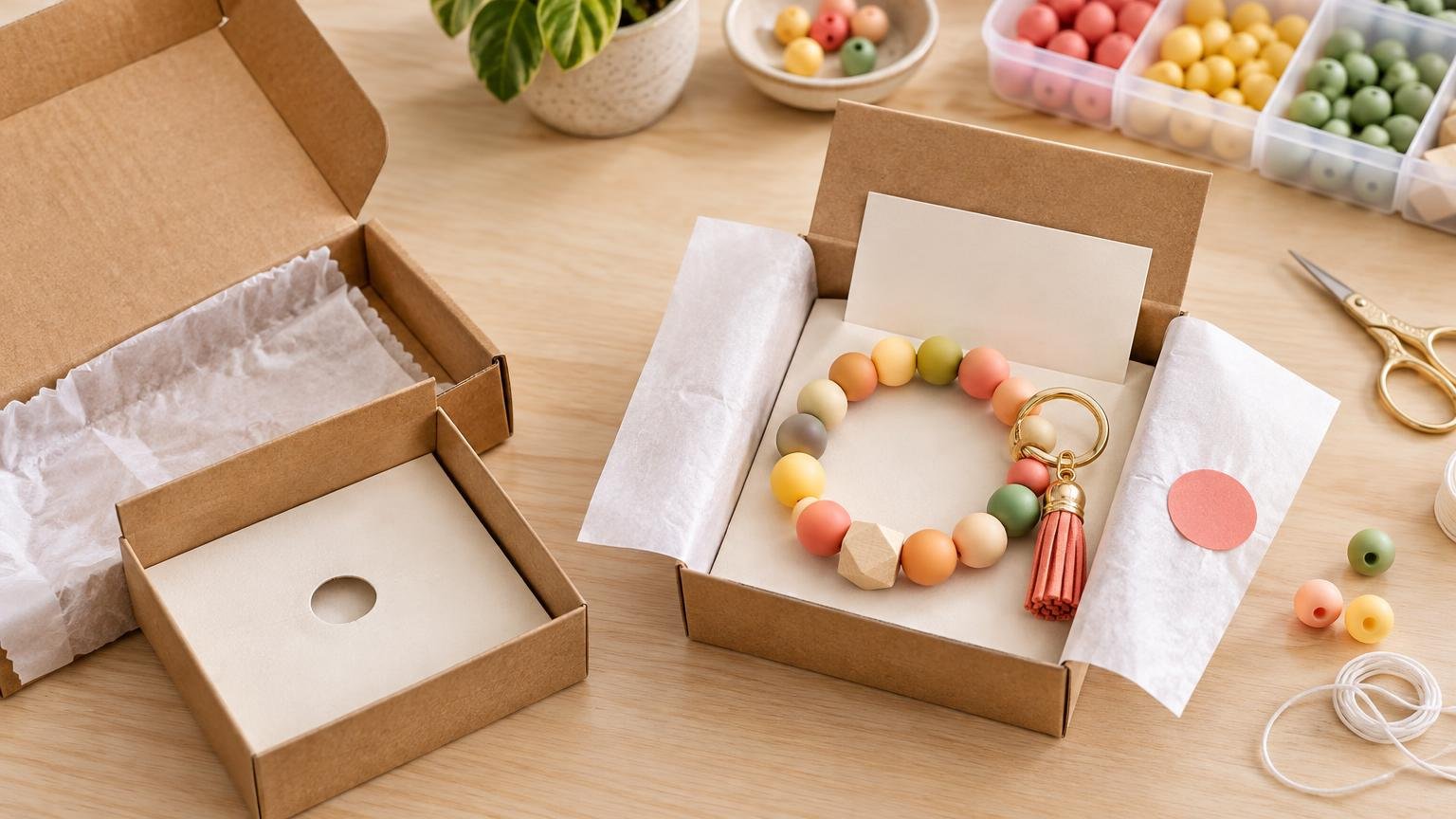 Open kraft jewelry boxes on a wooden craft table, one holding a colorful beaded wristlet keychain with a gold ring and coral tassel; loose beads, cord, scissors, tissue paper, a blank card, and a round pink sticker surround the boxes.