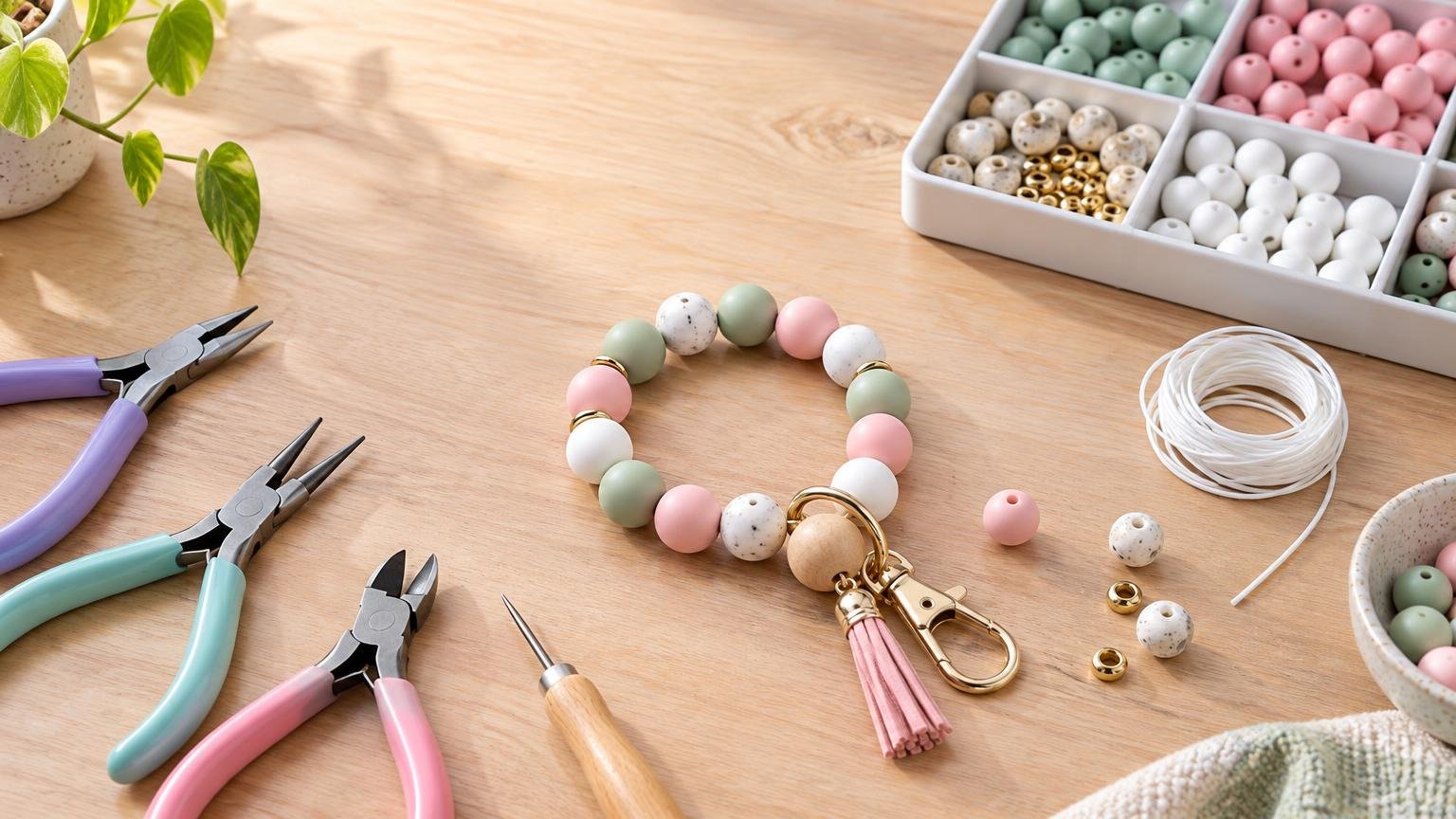 Pastel bead-craft workspace with a finished beaded wristlet keychain, three hand tools, white cord, loose beads and gold findings, and compartment trays of beads on a light wooden table.